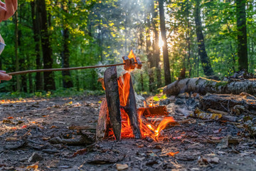 Fried bacon over a campfire while camping in the woods outdoors in the woods during sunset close up