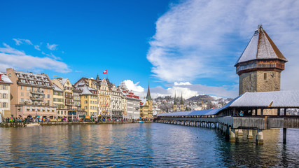 Historic city center of downtown Lucerne with  Chapel Bridge and lake Lucerne