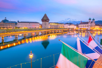 Historic city center of downtown Lucerne with  Chapel Bridge and lake Lucerne in Switzerland