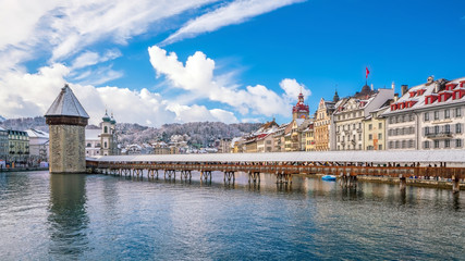 Historic city center of downtown Lucerne with  Chapel Bridge and lake Lucerne