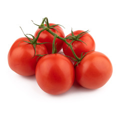 Red tomatoes whole on a green branch. Isolated on a white background.