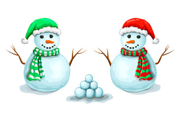 vector collection of couple snowmen with snowballs, isolated on white background. Cute smiling snowmen set in santas hats and scarfs. xmas or winter symbol. hand drawn cartoon holidays characters