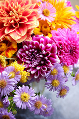 Bunch of fresh autumn flowers. Colorful zinnias, asters, dahlias.