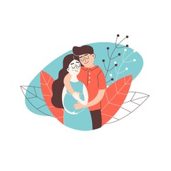 Young happy couple. Pregnant wife and her husband together. Vector illustration of a flat desing.