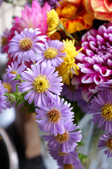 Bunch of fresh autumn flowers. Colorful zinnias, asters, dahlias.