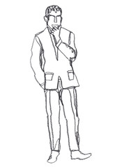 A linear sketch of a man in a suit that holds his chin in thought and the other hand in his trouser pocket. Concept of riddle, important question, brainstorming. Hand-drawn illustration with pencil is