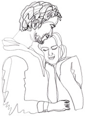 linear portrait of cuddling man and woman. Both smile. A man stands sideways, a woman straight, huddled against him. Both are dressed daily. Hand-drawn pencil illustration in one line sketch technique