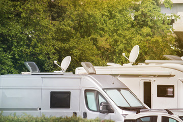 Satellite dishes on caravans. Electronic equipment on vans and campers for receiving video signals...
