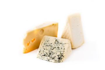 Different types of cheeses isolated on white background. 