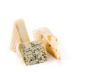 Different types of cheeses isolated on white background. Copy space
