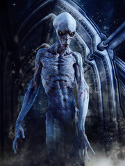 Futuristic scene with an angry alien coming out of a spaceship with the night sky in the background. All elements in the image, including the model, are 3D objects. 