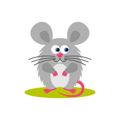 Isolated cartoon sitting gray mouse on white background. Colorful frendly mouse. Animal funny personage. Flat design.