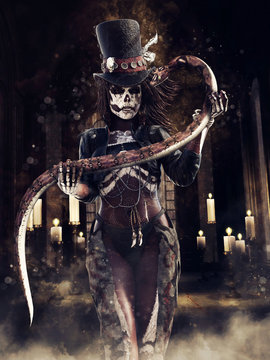 Spooky voodoo sorceress holding a snake and standing in a temple with many candles. All elements in the image, including the model, are 3D objects.