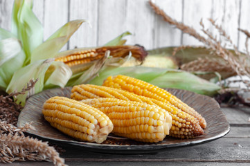 boiled corn cob on a wooden table