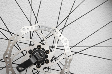 Bicycle wheel spoke with disc brakes, close-up