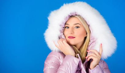 seducing you. happy winter holidays. Xmas coming. beauty in winter clothing. cold season shopping. girl in hood. faux fur fashion. flu and cold. seasonal fashion. woman in padded warm coat