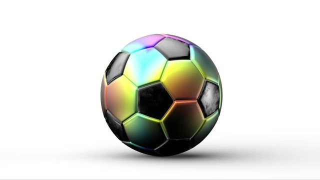 Rainbow colored soccer metal ball spinning in center isolated on white light background. Ball that changes color, Football fade between transition colors 3d render. team, sport, match, play