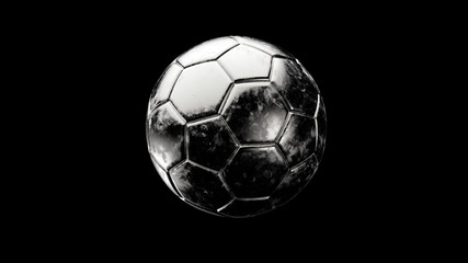 Silver soccer metal ball isolated on black background. Football 3d render, goal, match, champions, assist, hd, sports with your friends, team, leader