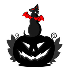 Black cat with wings and horns and a silhouette of a pumpkin for Halloween. Infernal devil cat. Suitable as a sketch for a tattoo and design of Halloween parties or paraphernalia.
