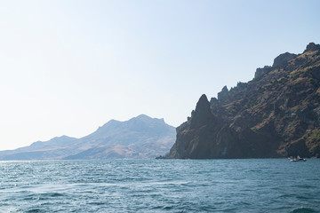 Kara-Dag mountains, view of the rocks from the sea, Crimea, Russia.