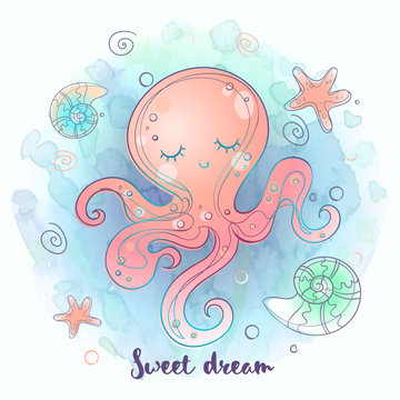 Cute octopus sleeps. Sea world Vector