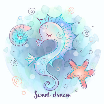 Cute seahorse sleeping sweetly. Sea world. Vector.