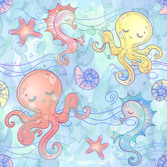 Seamless pattern underwater world of octopus and seahorse. Watercolor. Vector.