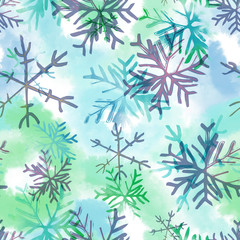 Snow flakes seamless pattern. Watercolor illustration.