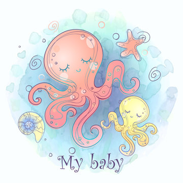 Octopus mom with a toddler. Baby shower. Watercolor. Vector.