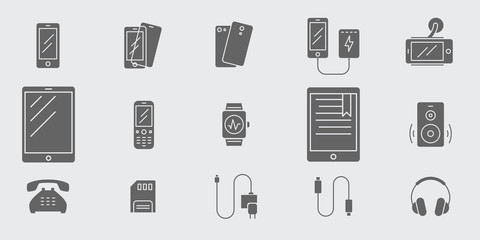 Smartphone and accessories icons set - Vector solid silhouettes of gadget and mobile device for the site or interface