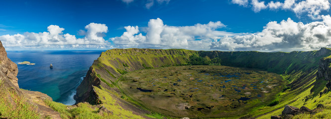 Whole Rano kau volcanic crater panoramic view with Tangata matu islets