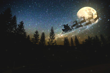 Fototapeta na wymiar noise pic,Christmas,Merry Christmas and happy holidays! Santa Claus flying in his sleigh against moon sky. 