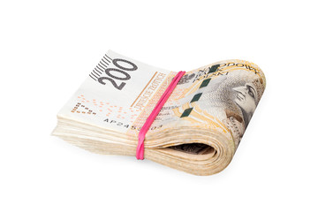 200 polish zloty leafs bunch tied with rubber band. Isolated on white. Path included.  Shallow depth of field.