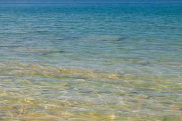 Clear water texture in blue and orange. Background of the ocean and the sea backlit by the sun. Soft waves. Natural water