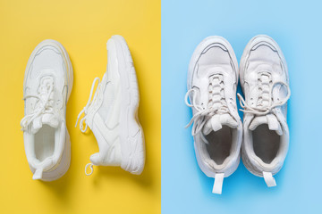 Pair of white female sneakers on yellow and old shoes on blue. Flat lay, top view minimal background.