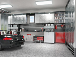 Modern garage interior. 3d illustration - obrazy, fototapety, plakaty