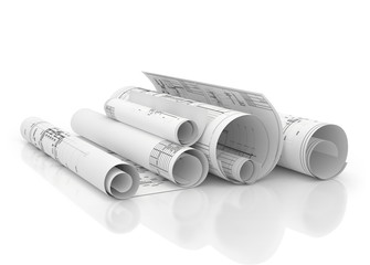 blueprints construction projects in row isolated 3d illustration