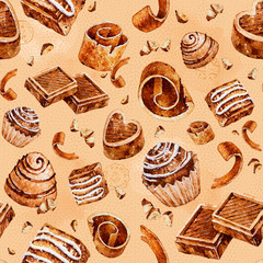 Chocolate. Watercolor handdrawn illustration. Pattern