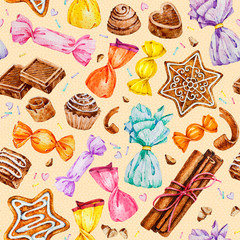 A set of sweets. Gingerbread. Chocolate candies. Watercolor illustrations. Seamless pattern