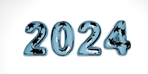 Happy new year 2024. Holiday 3D render of a glass blue texture with silver stars inside 2024. Realistic 3d sign. Holiday poster or banner design.
