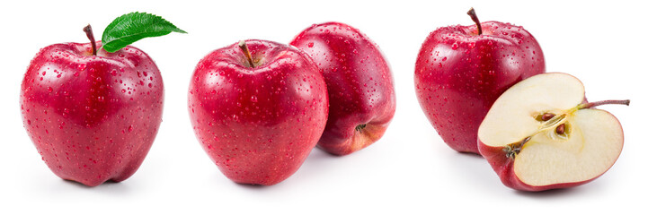 Red apple with drops. Red apples isolated. Wet apple on white.
