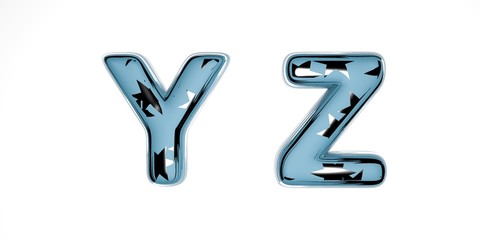 Merry Christmas 3D font made of blue glass with silver stars inside on a white background similar to a winter New Year font, the letters are contained - yz. isolate