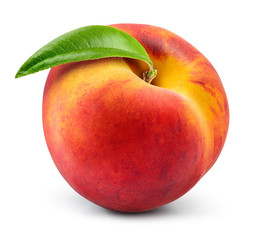 Peach isolate. Peach with leaf on white background. Full depth of field. With clipping path.