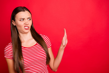 Copyspace photo of charming beautiful girlfriend disgusted with something terrible wearing trendy...