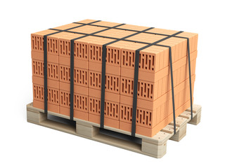 Stack of bricks on wooden pallet.