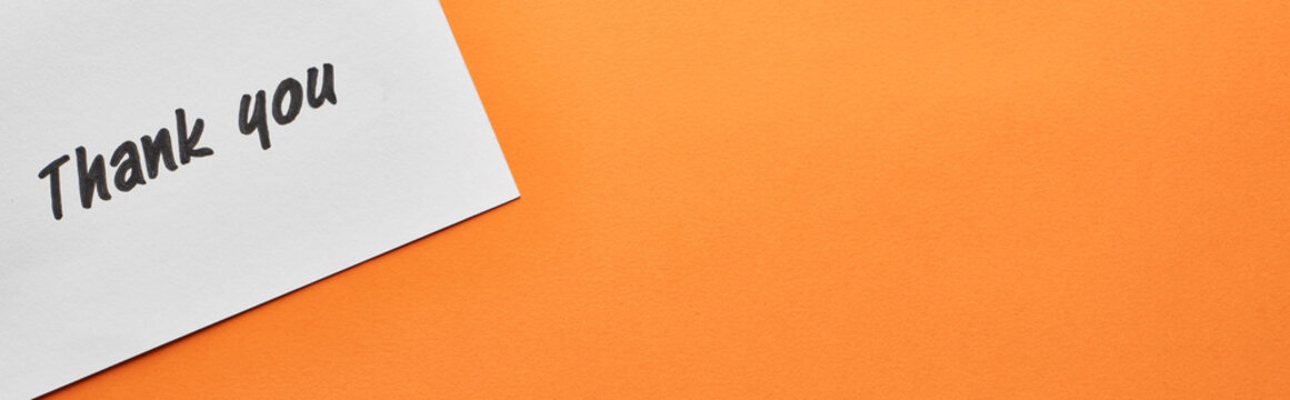 Top View Of Thank You Card On Orange Background, Panoramic Shot