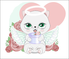 little kitten angel wifh gift in rose