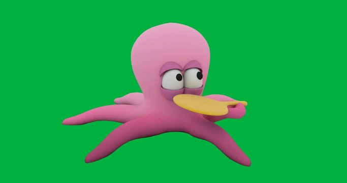 3d animation 3d render pink octopus combing her hair and looking in the mirror