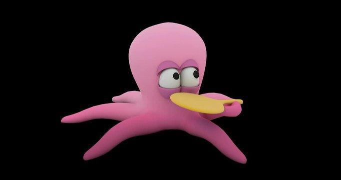 3d animation 3d render pink octopus combing her hair and looking in the mirror