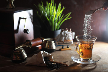 Brewing tea on a wooden table